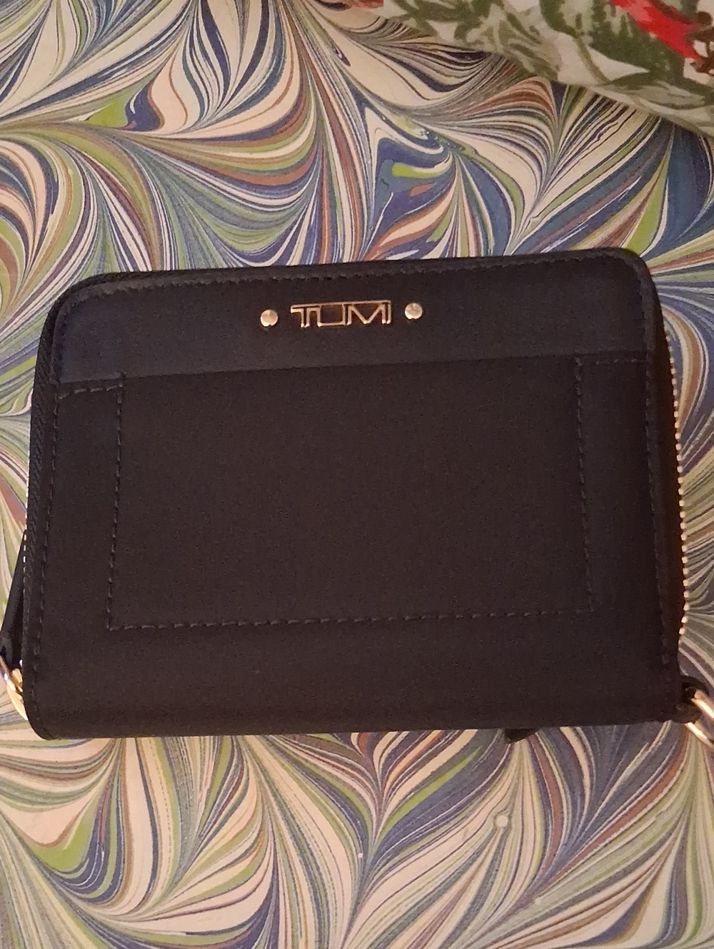 Tumi Black Compact Zip Wallet with Gold Hardware Leather & Nylon New